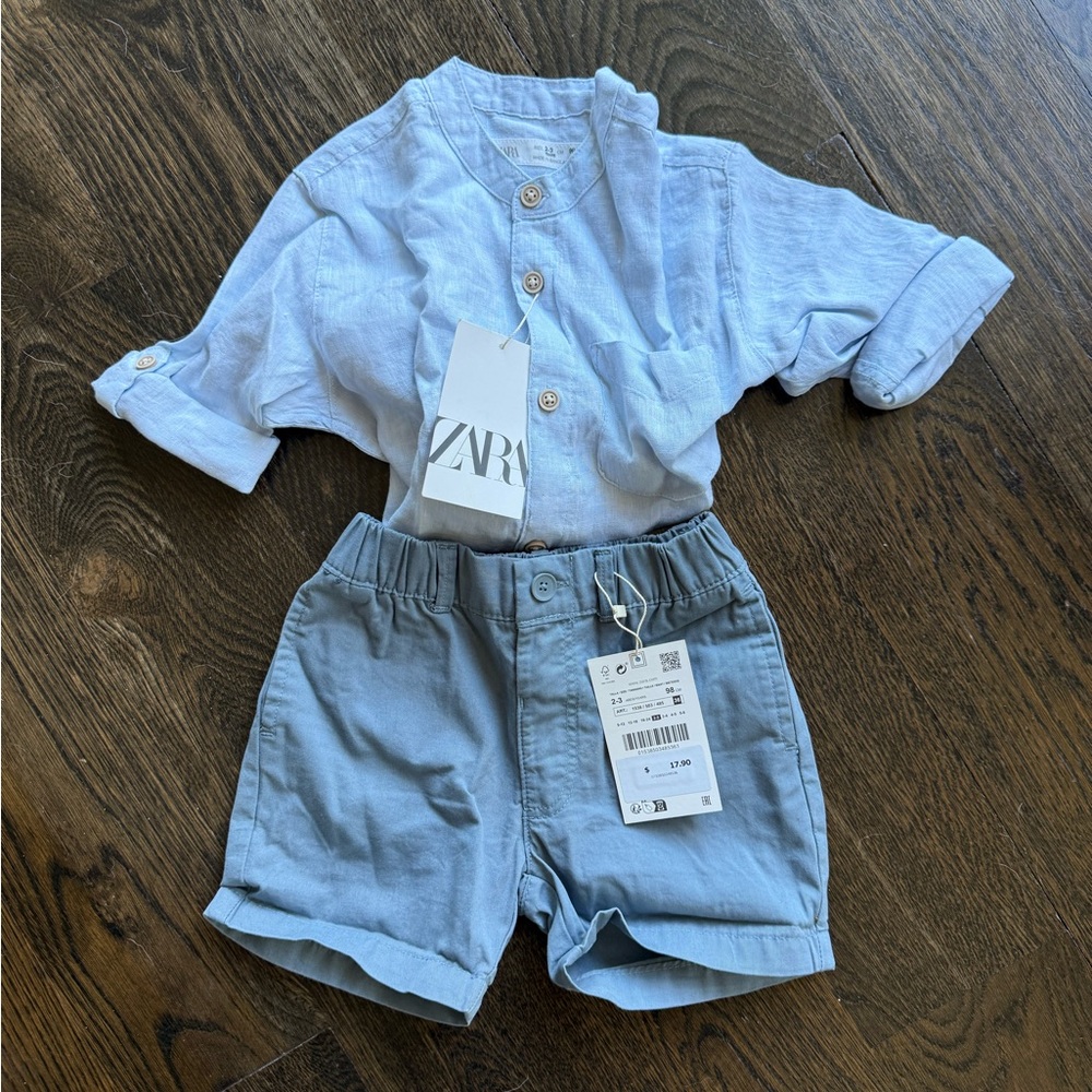 Zara Kids Sky Blue Linen Button-Down Shirt & Shorts Set 
size 2-3